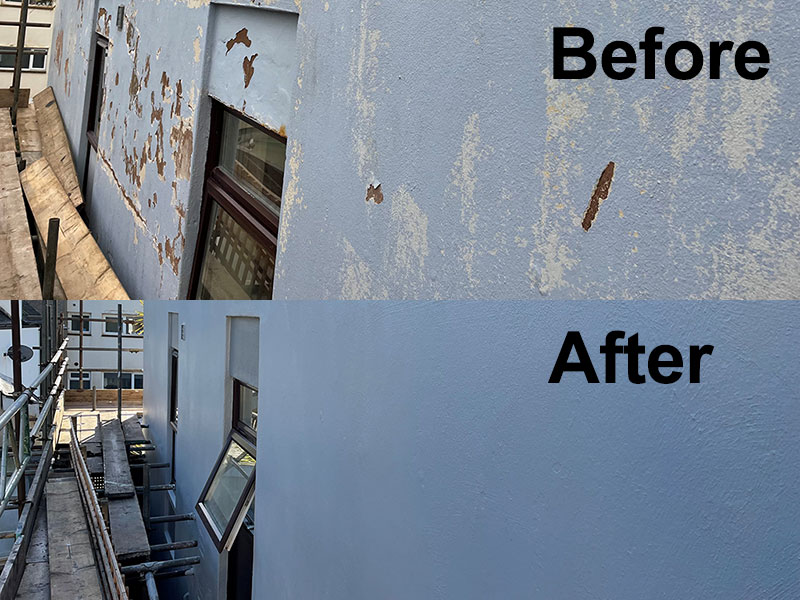 Long life specialist coating and render repairs, before and after